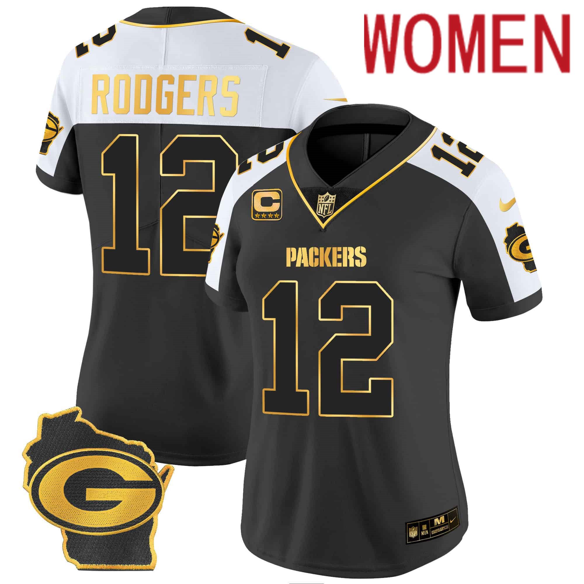 Women Green Bay Packers #12 Rodgers Black Gold 2024 Nike Home Patch Vapor NFL Jersey